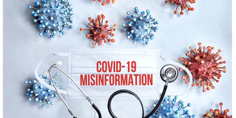 An image of COVID-19 misinformation, it has image of covid, face mask and stethoscope