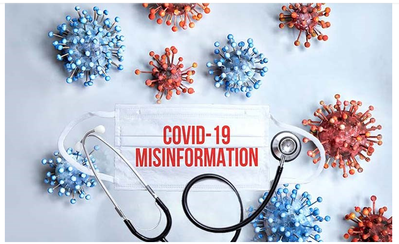 An image of COVID-19 misinformation, it has image of covid, face mask and stethoscope