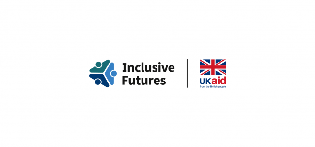 Graphic Image of Inclusive Futures and on the right hand side a flag of the United Kingdom, underneath the flag there is an inscription that reads; UK Aid from the British people