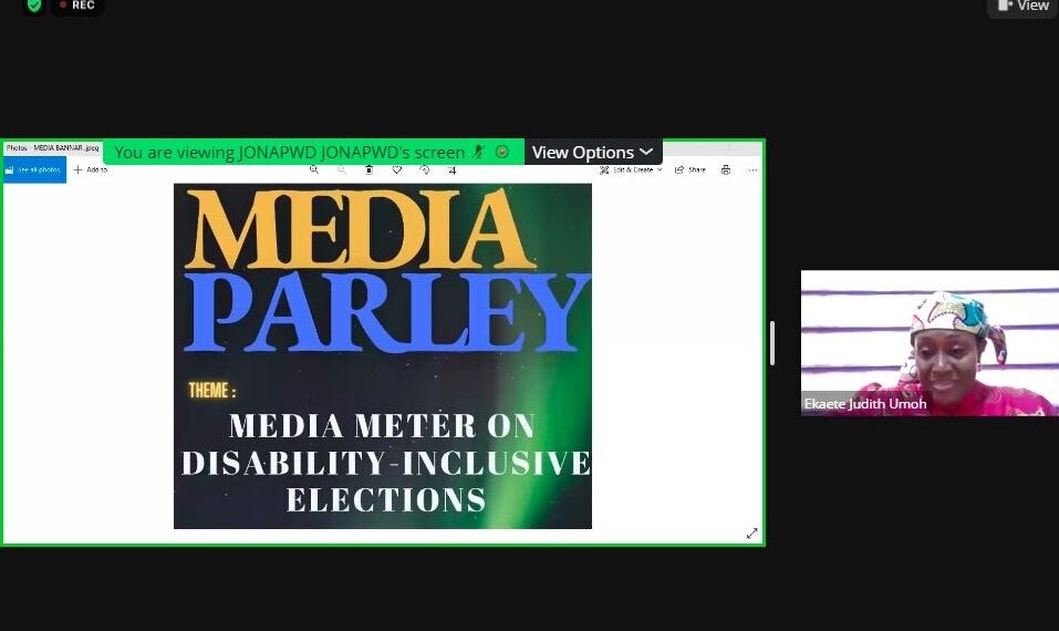 A screenshot image that reads Media Parley theme: Media Meter on Disability Disability-Inclusive Elections. On a small section of the screen to the mid-right hand side is an image of Mrs. Ekaete Judith Umoh