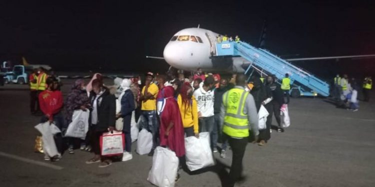 People standing in front of an aeroplane at night with bags in their hands