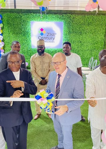 U.S. Consul General Will Stevens (second right) with Chairman & CEO, 21st Century Technologies Group, Wale Ajisebutu, (second left), during the official opening ceremony of the Digital Expert Academy in Lagos. Source: US Consulate, Lagos