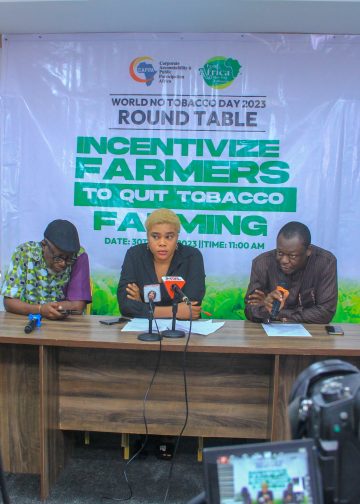 L-R: Dr. Olayinka Oyegbile of Development Strategies, Zikora Ibeh, Policy and Research Officer at CAPPA, and Philip Jakpor, Director of Programmes at CAPPA during the media roundtable to commemorate World No Tobacco Day 2023