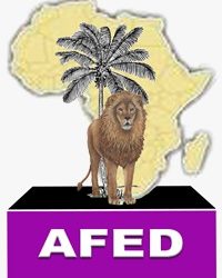 graphic image of a lion, a palm tree and map of Africa. An inscription of AFED is written underneath