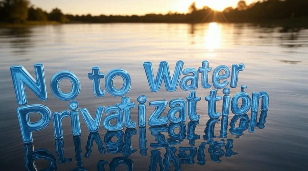 sunset view over a large body of water. On it is a graphic written No to Water Privatisation