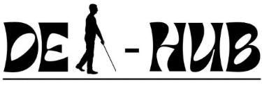 The image shows the stylized black text "DE-HUB" with a horizontal line underneath. The letter 'I' is replaced by the black silhouette of a man with a visual disability walking with a white cane. The man is positioned between the 'E' and the hyphen