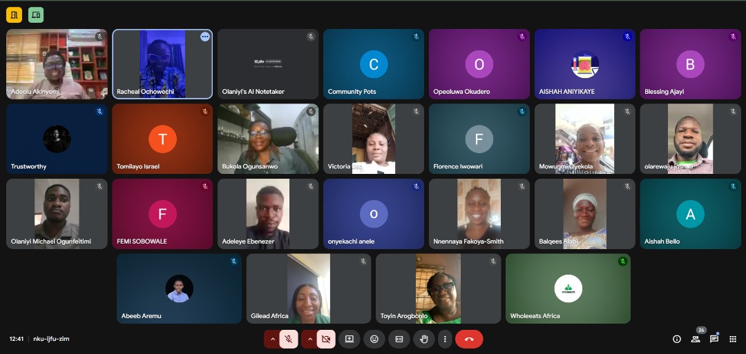 Desktop screenshot of faces of people from a Google Meet call
