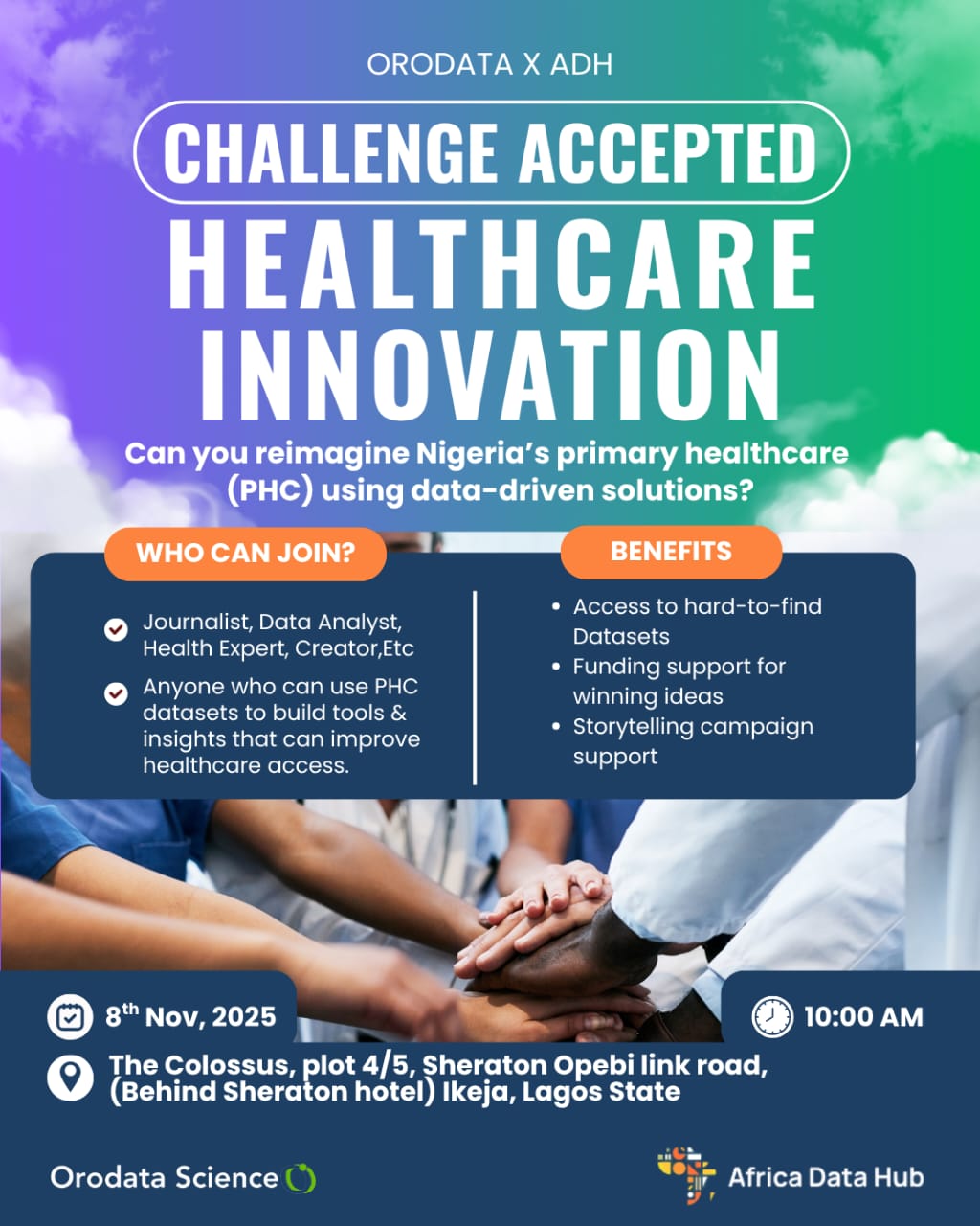 An image (a flyer) with "challenge accepted healthcare innovation" bold written on it. A group of hands joined together is on the background of the image