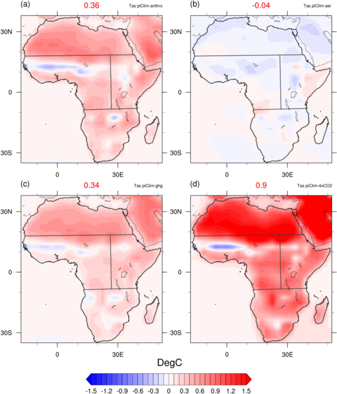 Map of Africal in four places showing different heat patterns