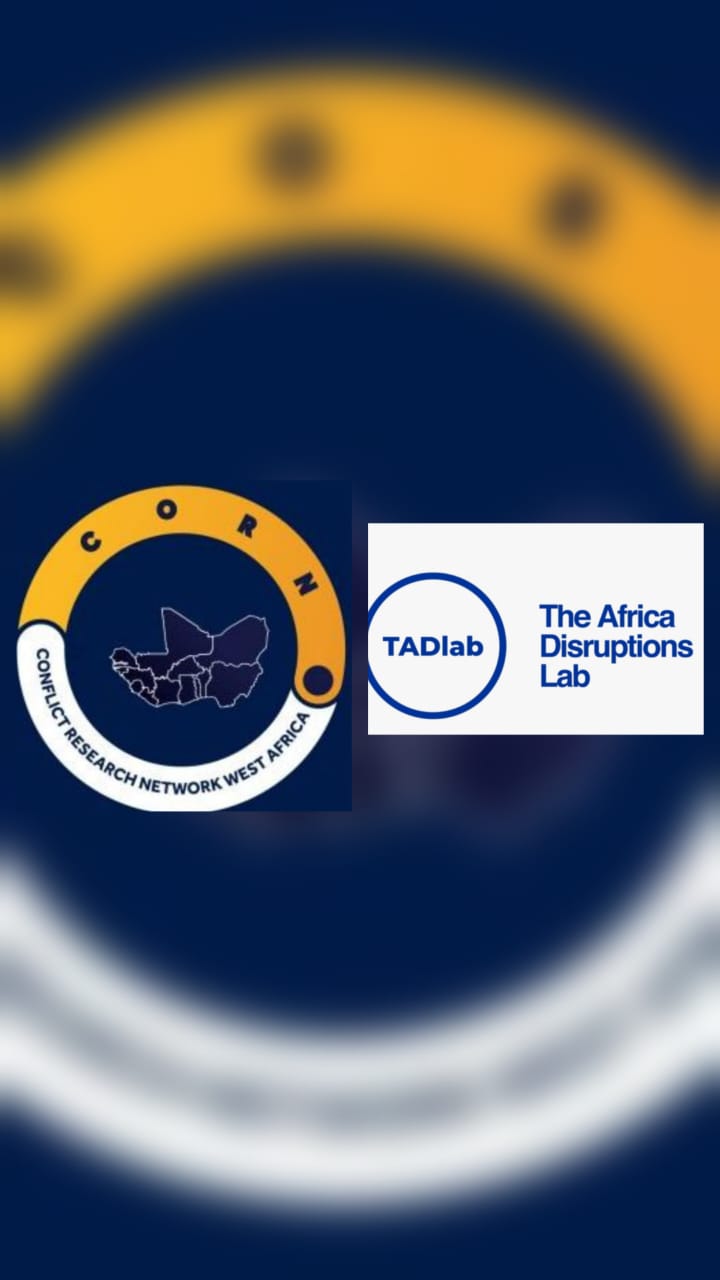 Two logos side by side with the words Conflict Research Network, CORN West Africa, in partnership with The Africa Disruptions Lab