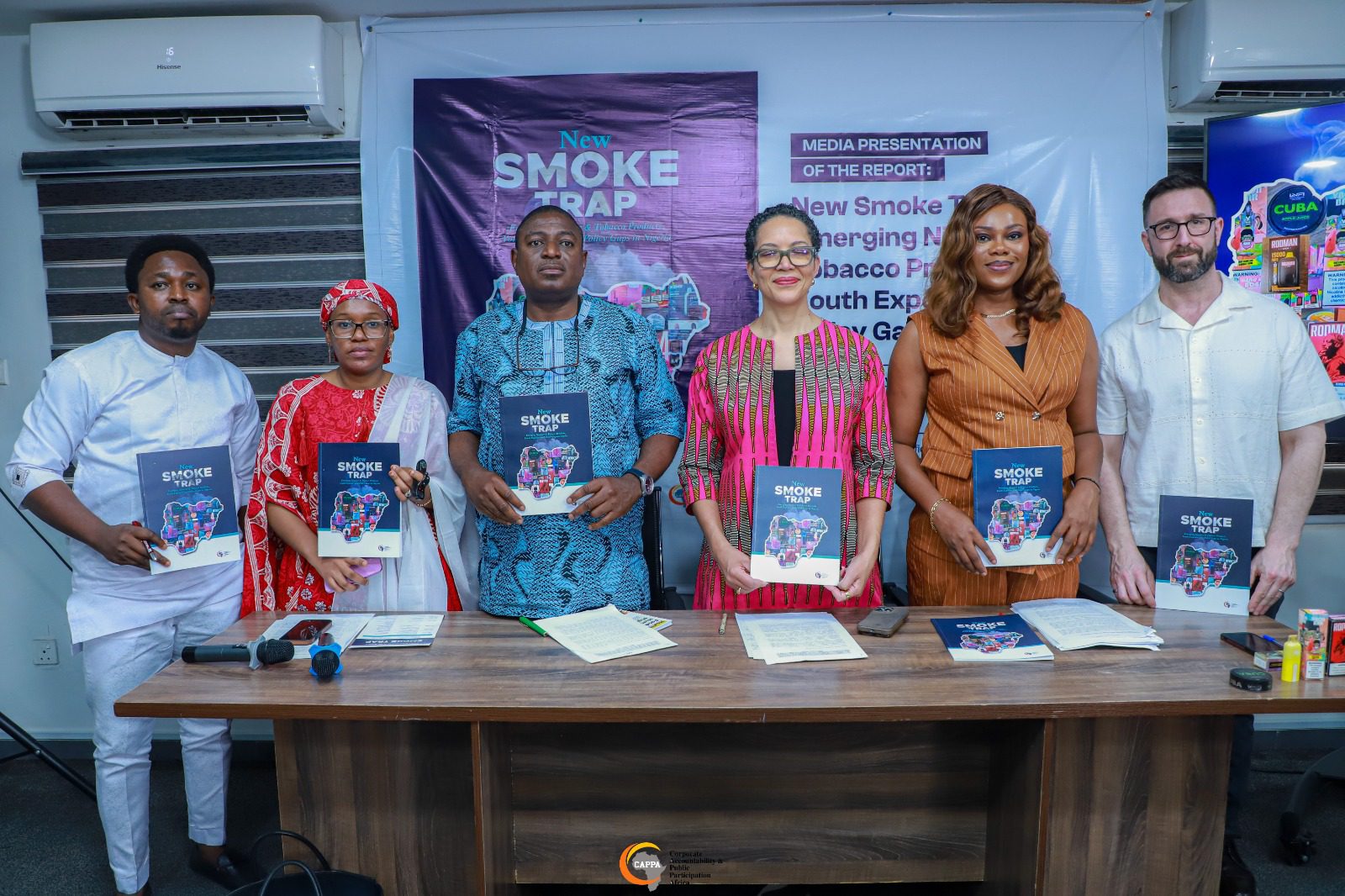PICTURE CAPTION:
(L-R) Olamide Martins, Ogunlade Associate Director Climate Change and Extractives at Corporate Accountability and Public Participation Africa (CAPPA; Ummi Musa Umar, Executive Director, Call Off Cancer Initiative; Akinbode Oluwafemi, Executive Director CAPPA; Mary-Anne Etiebet, Executive Director and CEO of Vital Strategies; Zikora Ibeh, Assistant Executive Director CAPPA; and Aaron Schwid, Public Health Executive at Vital Strategies during the media presentation of CAPPA's latest report 'New Smoke Trap: Emerging Nicotine & Tobacco Products, Youth Exposure and Policy Gaps in Nigeria.' in Lagos on Thursday, February 12, 2026.