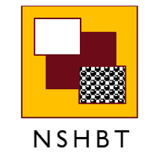 Image of white square shape on a bigger red square shape on the top left corner and a black and white check square shape also on the red square at the bottom right. At the bottom in the middle is written NSHBT