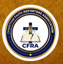 Christian Faith Reporters Association in a square and a cross and an open book in the middle of the square. Below the book is CFRA