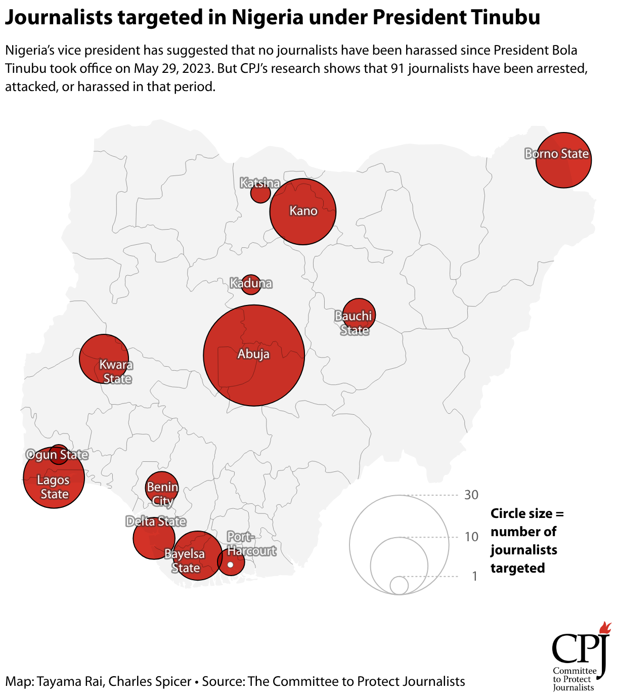 Map of Nigeria highlighting spots where journalists have been targeted in Nigeria under President Tinubu