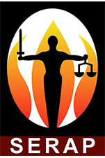 **Alt Text:** The logo for SERAP (Socio-Economic Rights and Accountability Project). The emblem features a black silhouette of a person standing with arms outstretched, holding a sword in their right hand and a set of scales in their left hand, symbolizing justice and legal accountability. Behind the figure is a stylized flame in shades of orange and yellow, all set within a white oval against a black background. Below the emblem, the word "SERAP" is written in bold, white capital letters on a dark red rectangular base.