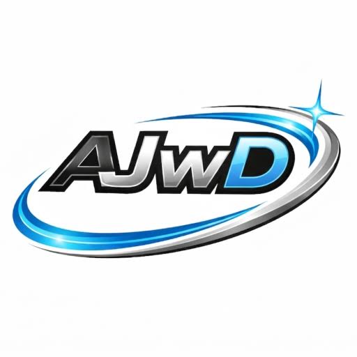 Logo featuring the stylized text "AJwD" enclosed in a dynamic blue and silver metallic elliptical ring with a star sparkle