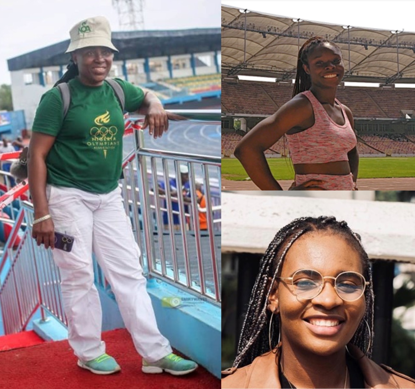A photo collage containing three individual images: a full-length photo of a woman in a green Nigeria Olympians Association shirt and bucket hat at a stadium on the left, an athlete posing in pink athletic wear on a running track on the top right, and a close-up portrait of a smiling woman with box braids and round glasses on the bottom right.