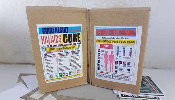 A notice promoting an HIV/AIDS medicine product from Nigeria traditional healer Sarkin Lakanin Jihar Kano. When US funding cuts disrupted access to free antiretroviral therapy, some Nigerians turned to traditional healers marketing herbal ‘cures’ framed as Islamic medicine. Copyright: Photo Courtesy of Sarkin Lakanin Jihar Kano.