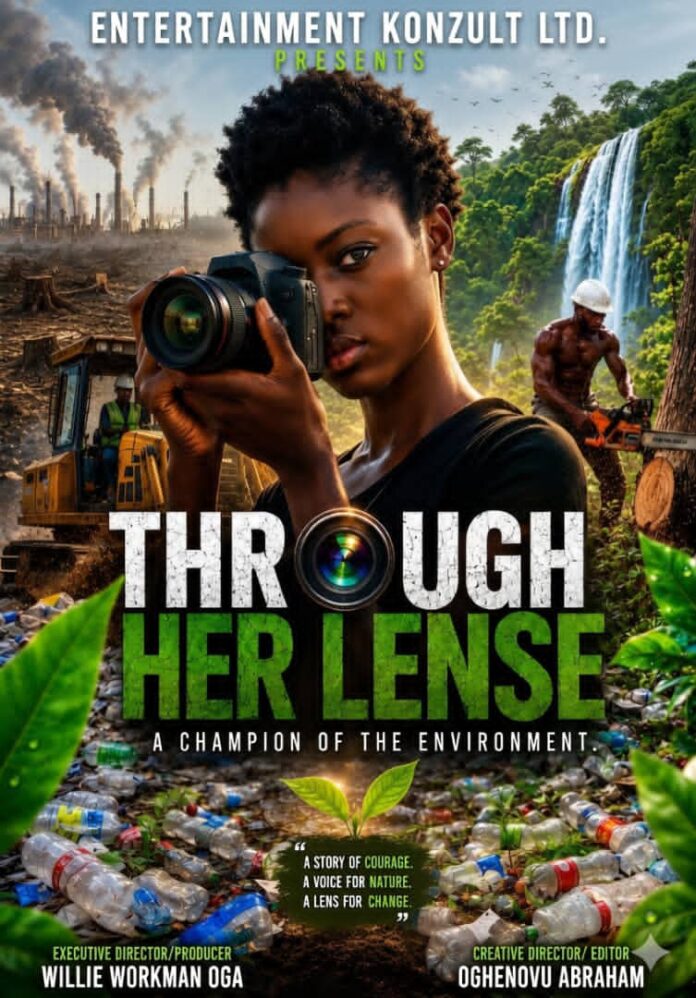 Movie poster for "Through Her Lense: A Champion of the Environment" featuring a female photographer holding up a DSLR camera against a contrasting backdrop of environmental destruction and pristine nature.