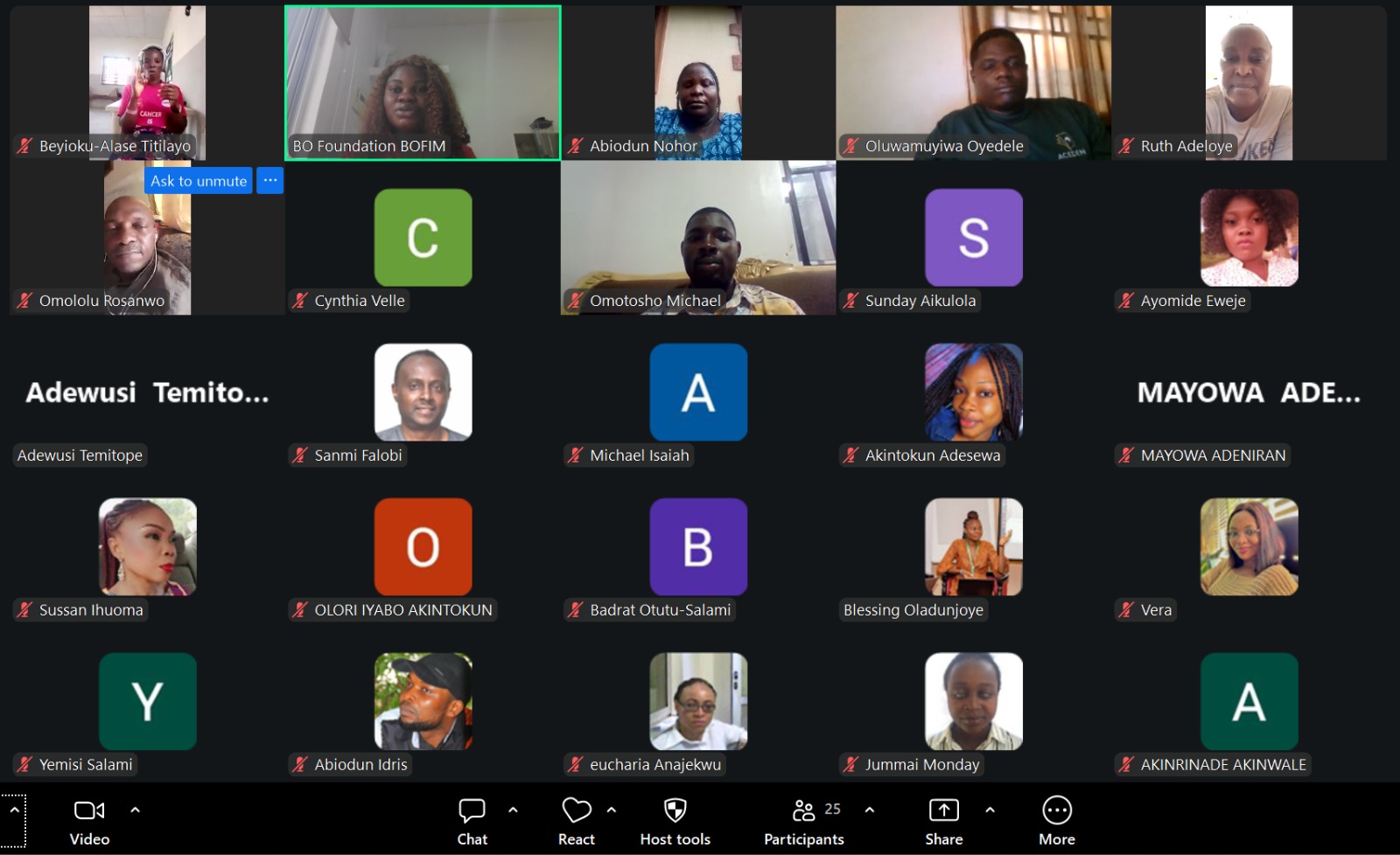 A video conference screenshot containing a multi-person grid view of participants—such as "BO Foundation BOFIM", "Omololu Rosanwo", "Blessing Oladunjoye", and others—with a mix of live camera feeds, still photos, and avatar initials. The bottom control bar includes icons for mute/unmute video, chat, reactions, host tools, participants count (25), share screen, and more options