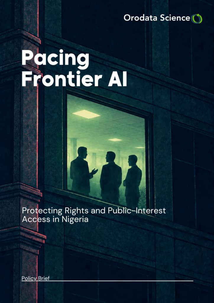 The cover page of a policy brief by Orodata Science titled "Pacing Frontier AI: Protecting Rights and Public-Interest Access in Nigeria". The background illustration features the exterior of a dark modern building at night, with three silhouetted figures visible through a brightly lit green window